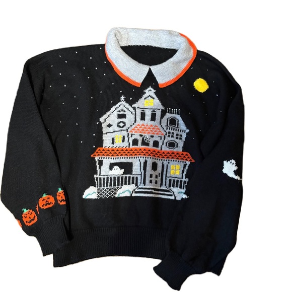 Vintage Halloween Haunted House Sweater Collared Size Medium Ghost Pumpkin - Picture 1 of 6